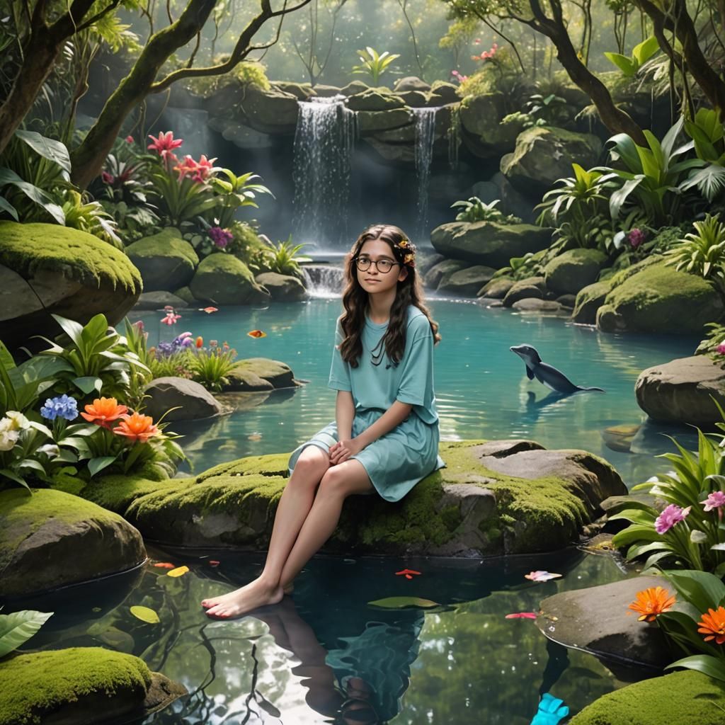 Girl, Dolphin, and Mystical Pool in Fantasy Style