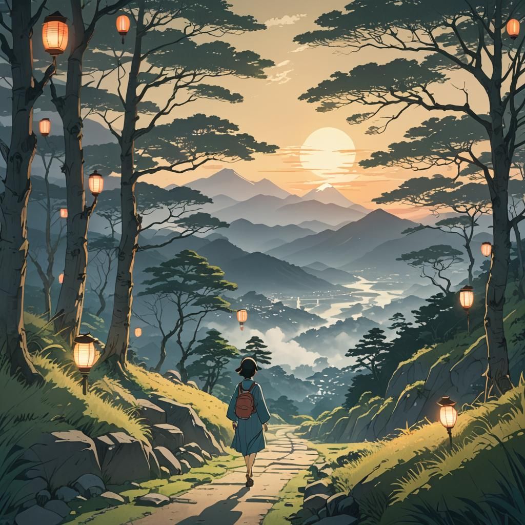 Ukiyo-e Woman on Mountain Path at Sunset