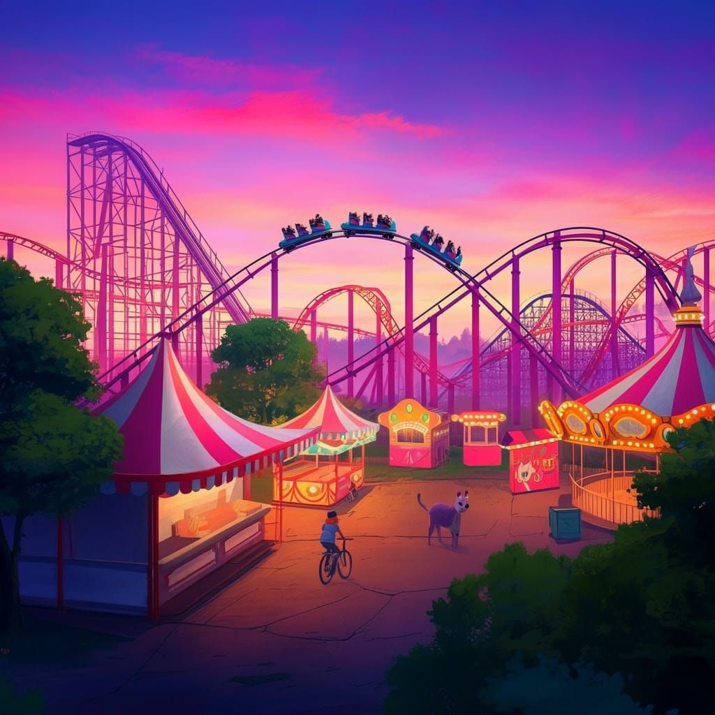 Colorful Amusement Park at Sunset: Digital Painting and 3D A...
