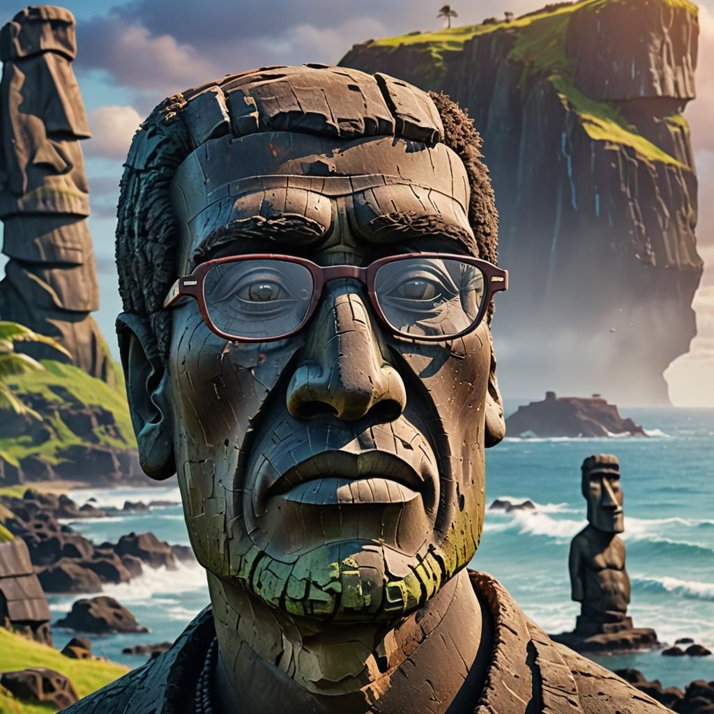Moai Statue with Glasses in 3D Realistic Art
