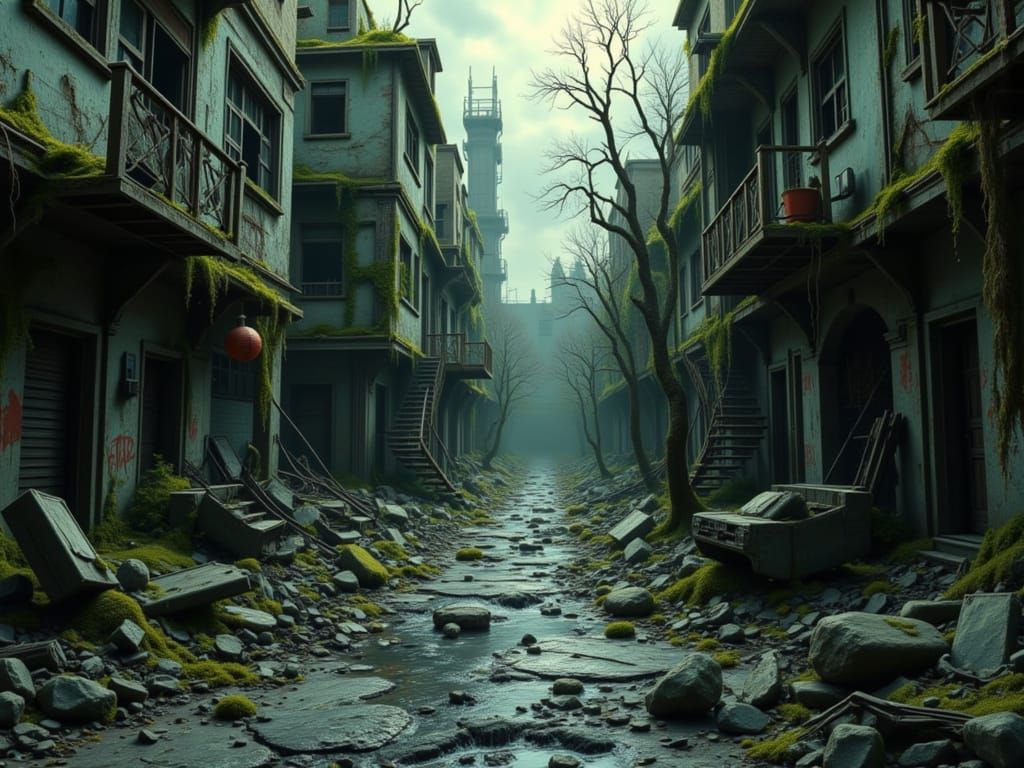 Eerie Dystopian Alleyway Overgrown in Surreal Post-Apocalypt...