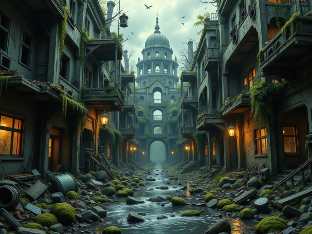 Eerie Dystopian Alleyway Overgrown and Mysterious