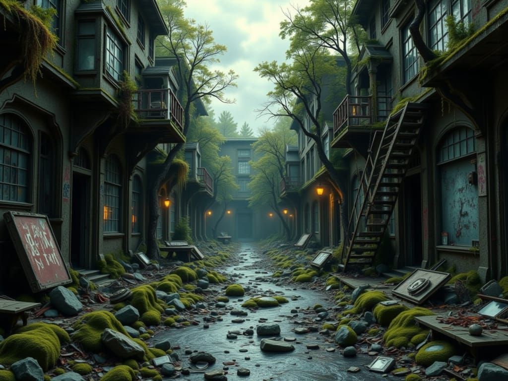 Eerie Dystopian Alleyway in Overgrowth