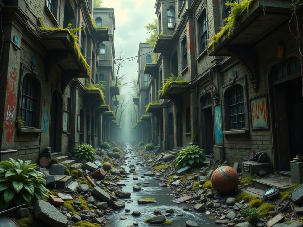 Eerie Dystopian Alleyway in Surreal Post-Apocalyptic Style