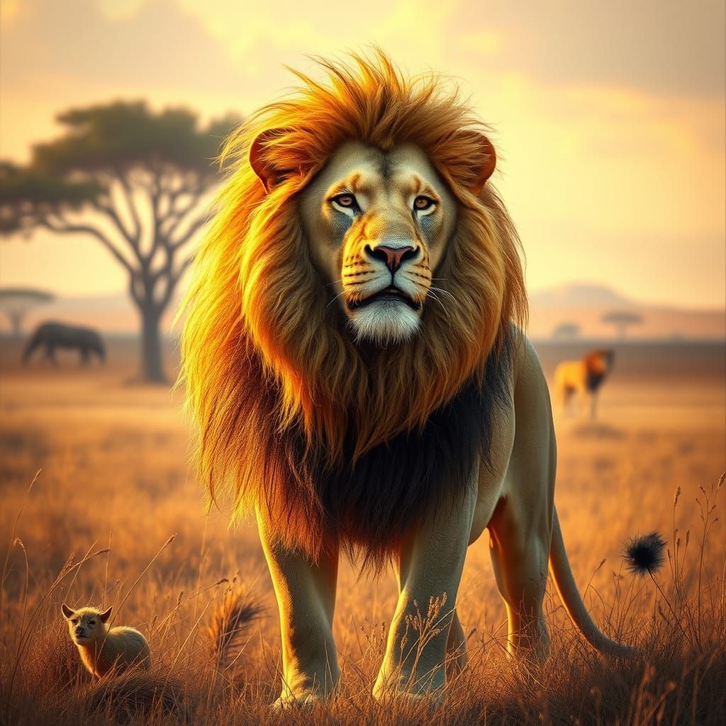 Majestic Lion in Savannah Landscape, Digital Art