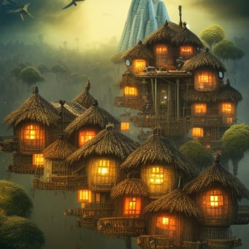 Flying Wakanda Huts: Detailed Matte Painting