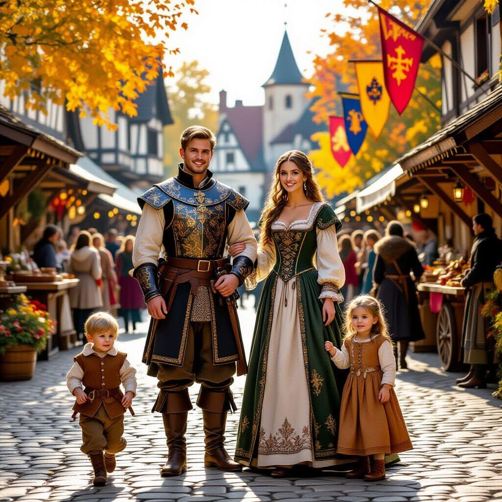 Medieval Autumn Festival Family Scene in Golden Light