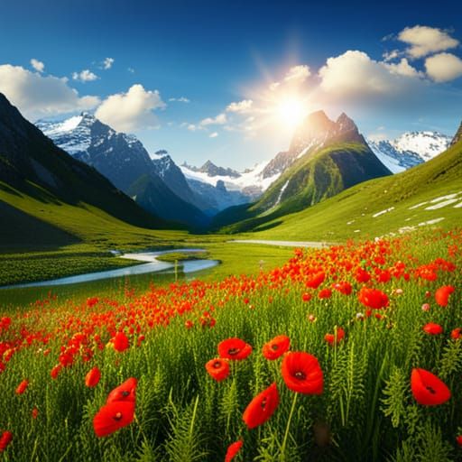 Dramatic Alpine Valley with Wildflowers
