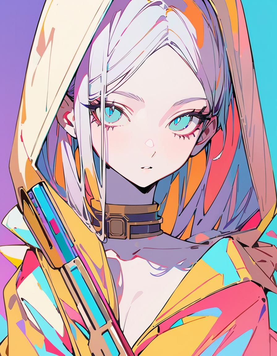 Cyberpunk Frieren with Rifle in Pastel Colors