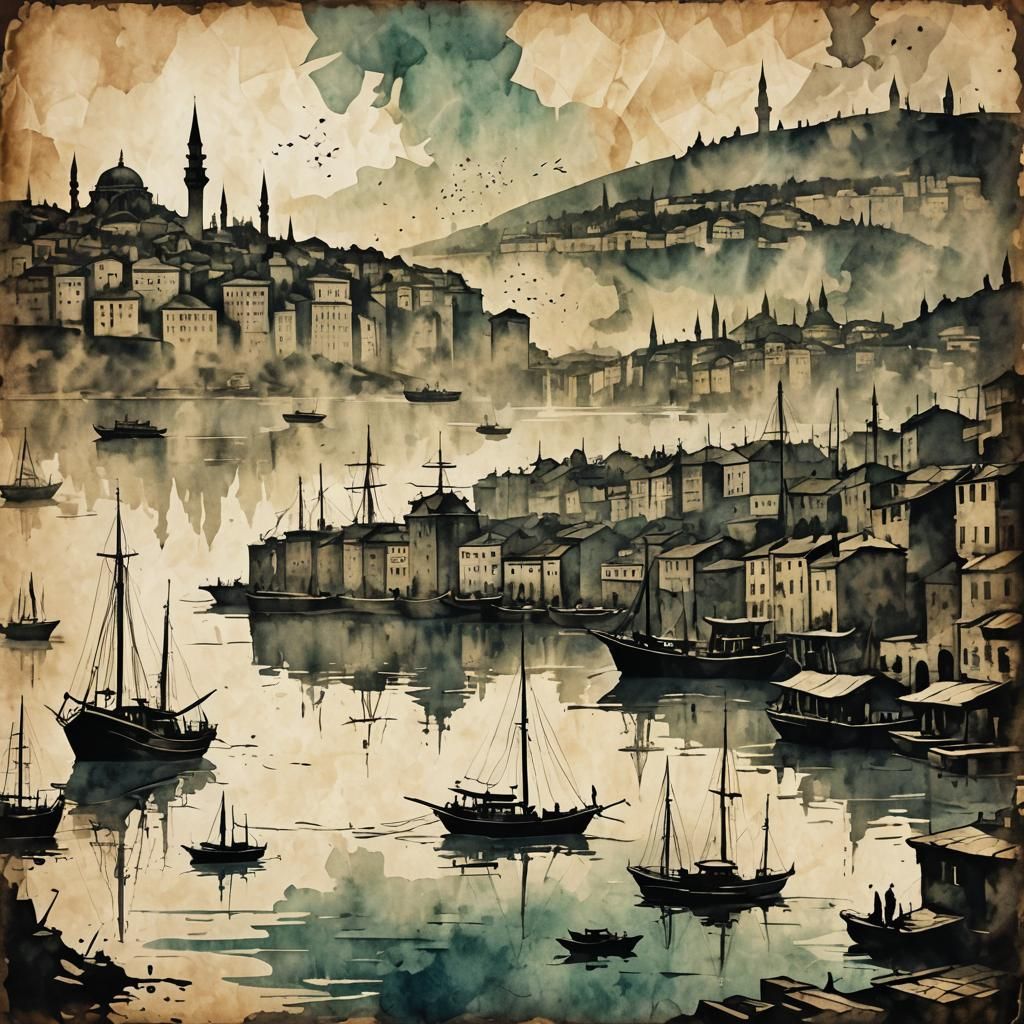 Bosphorus River Steampunk Silhouette in Ink Painting Style
