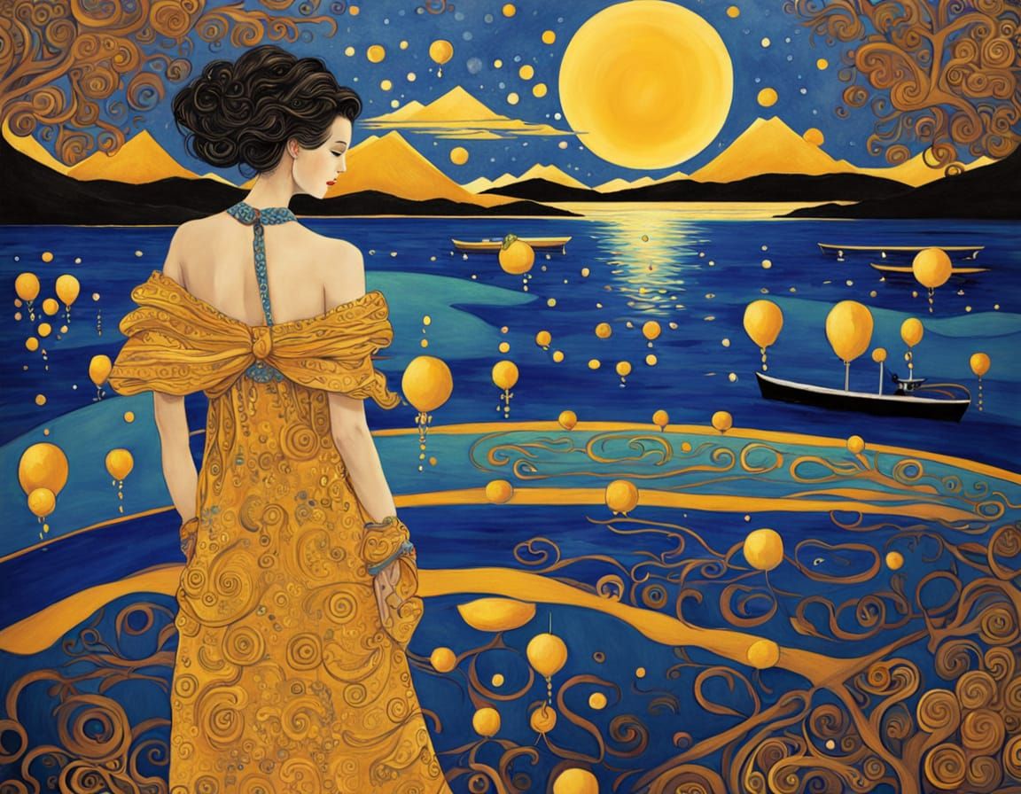 Tutankhamun Sailing on Moonlit Beach in Klimt Style