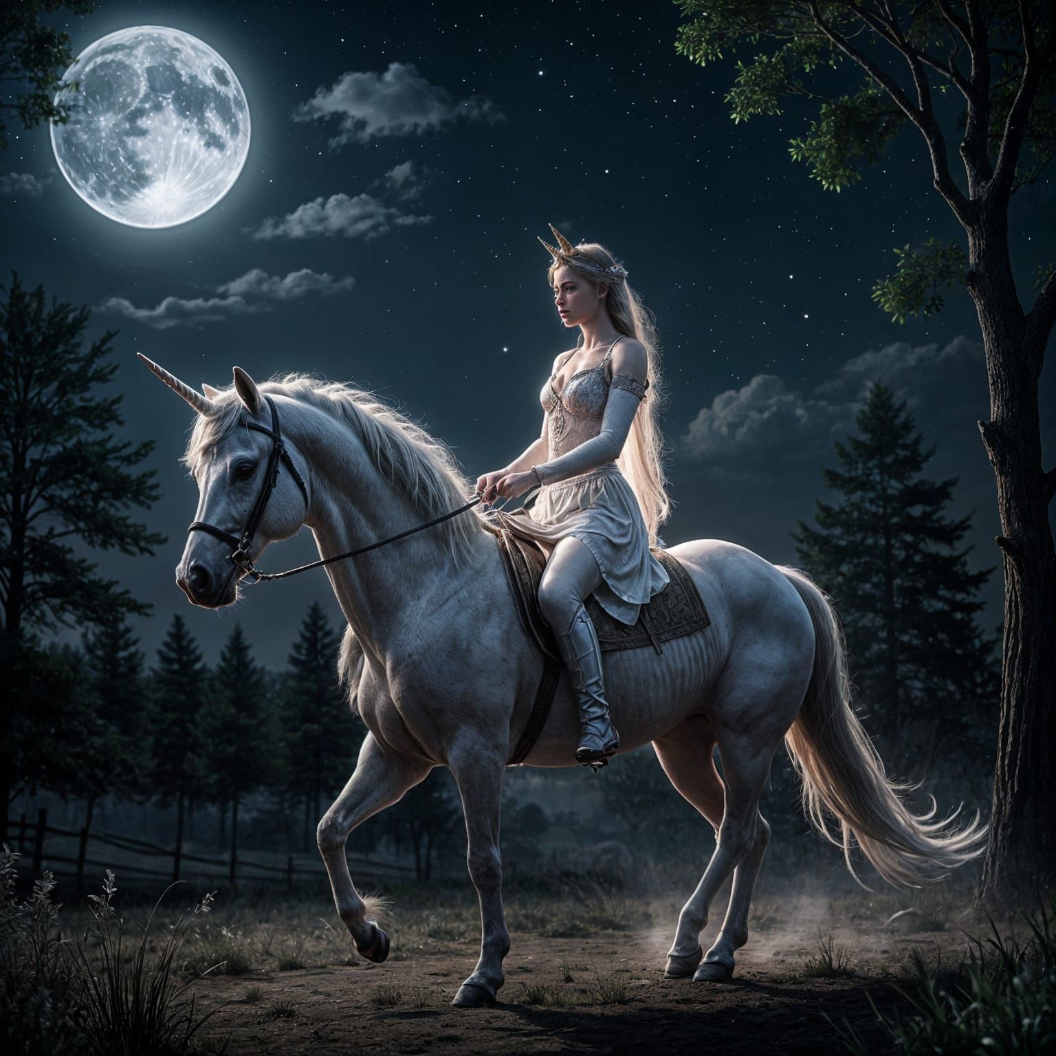 Enchanted Princess on a Majestic Steed Under Starry Skies