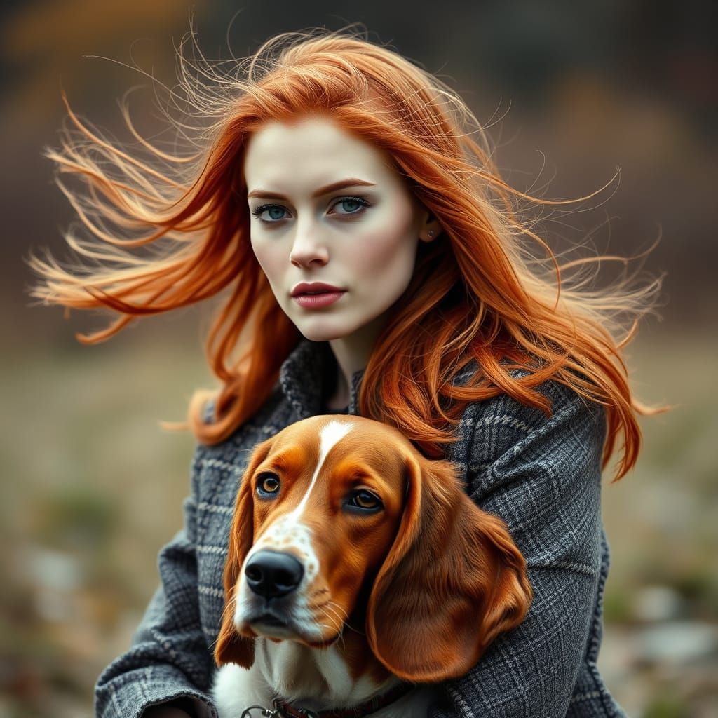 Redhead Woman and Irish Setter in Autumn Field