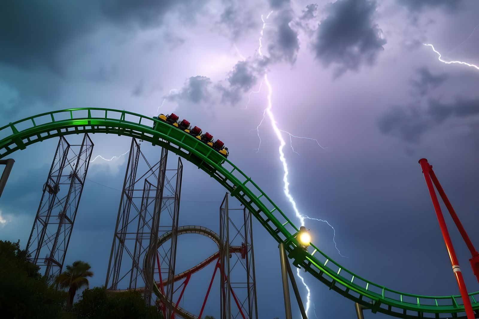 Dangerous Green Roller Coaster in Lightning Storm
