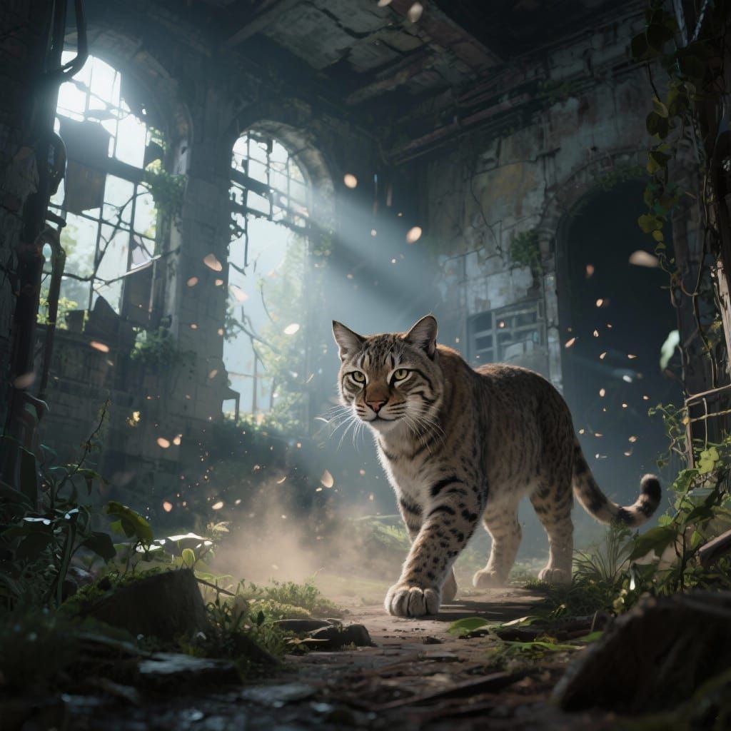 Hyperrealistic Bobcat in Ancient Factory Ruins