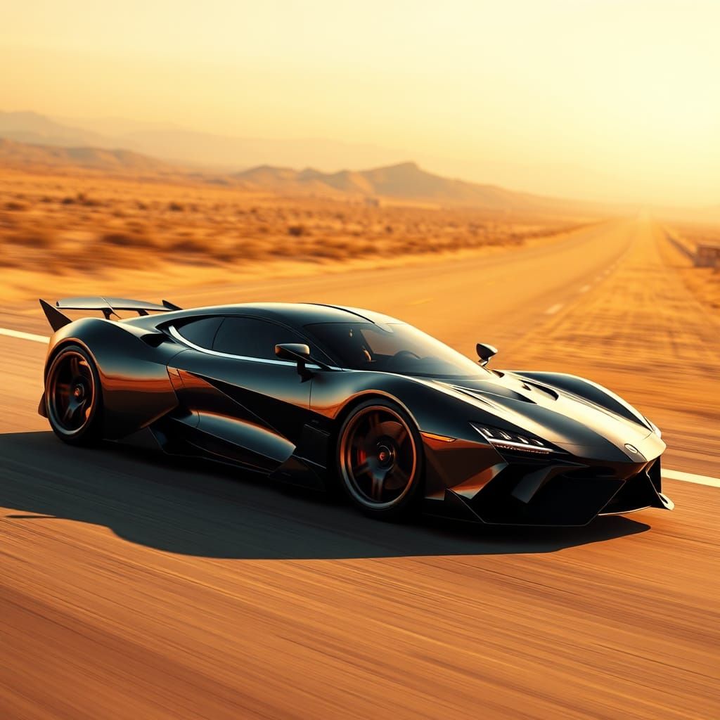 Supercar Speeding Down Open Highway in Futuristic Style