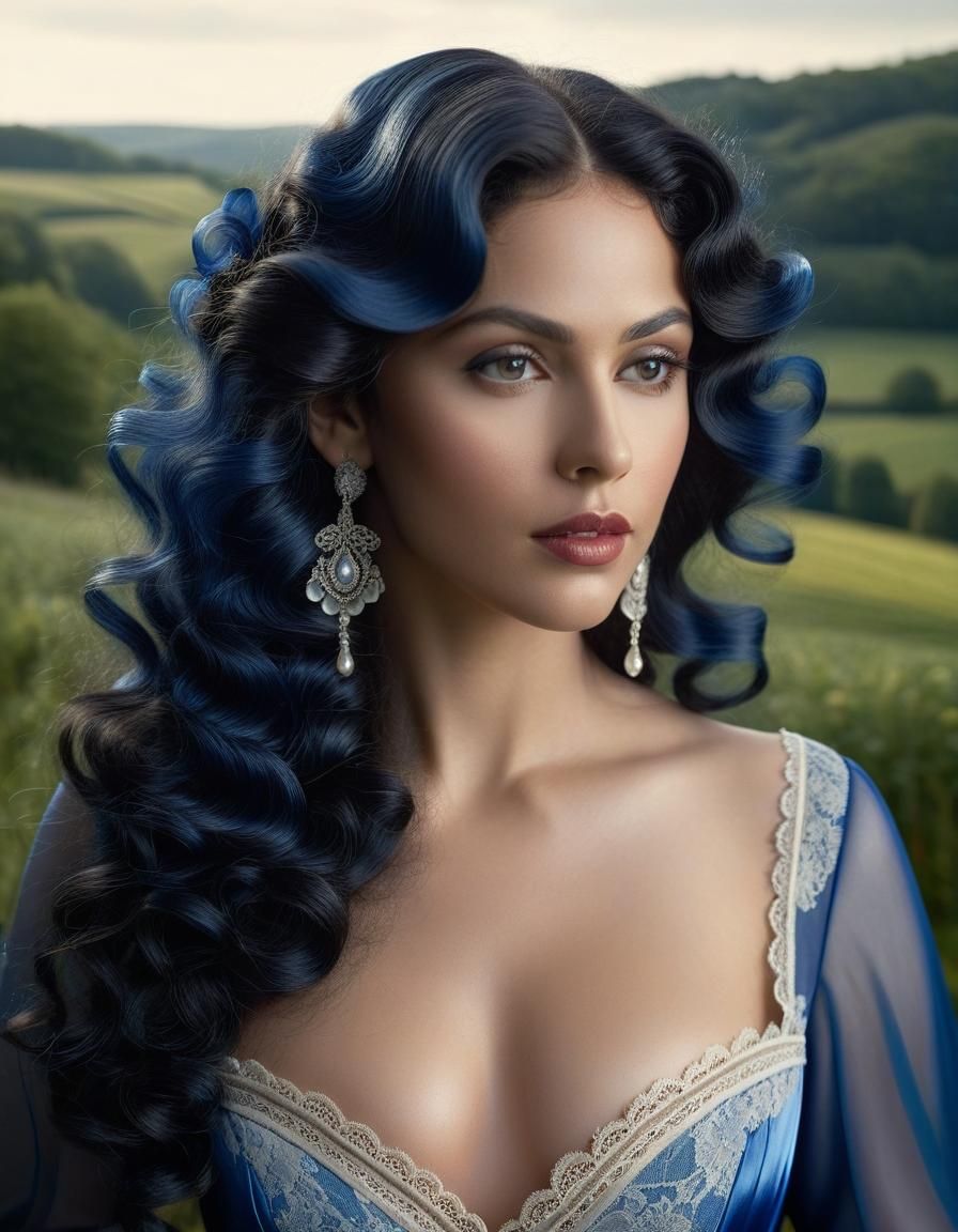 Hyperrealistic Portrait of Woman in Blue Gown