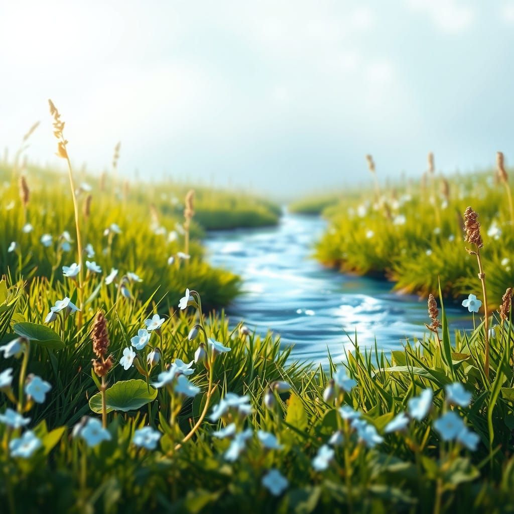 Ethereal Field of Light Blue Forget-Me-Not Flowers in Impres...