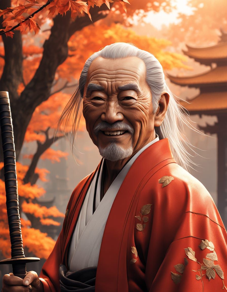 Elderly Samurai's Wry Smile in Misty Temple Sumi-e