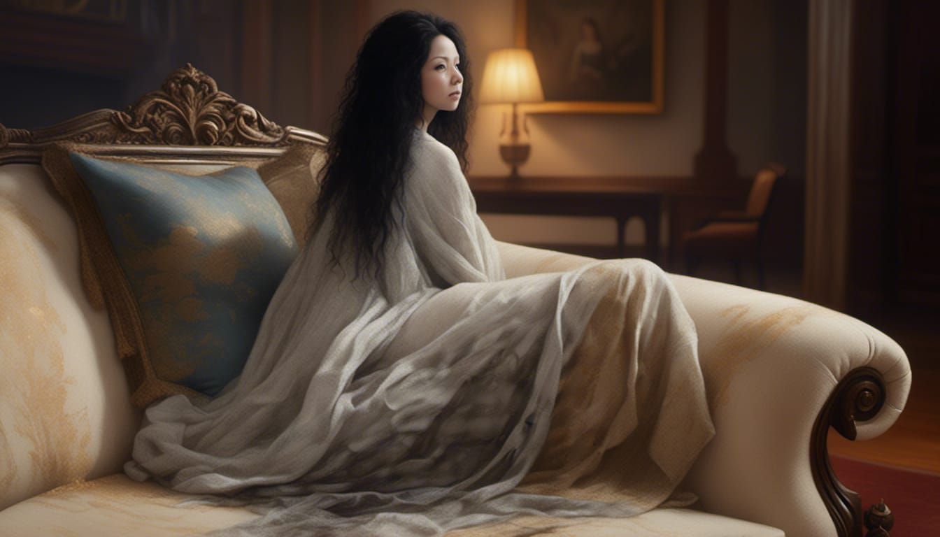a delicate, Japanese-style female ghost with a white, torn shroud and long, wet black hair, her face a mix of fear and d...