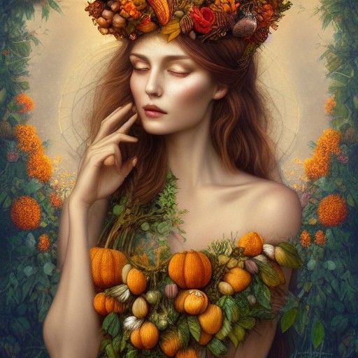 Harvest Goddess in Autumnal Abundance, Art Nouveau Style