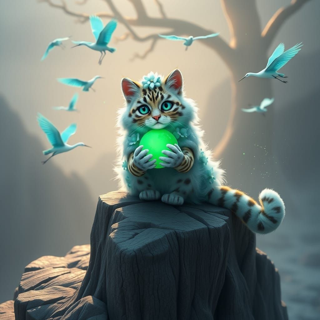 Turquoise Floral Cat on Cliffside with Sequoia Tree