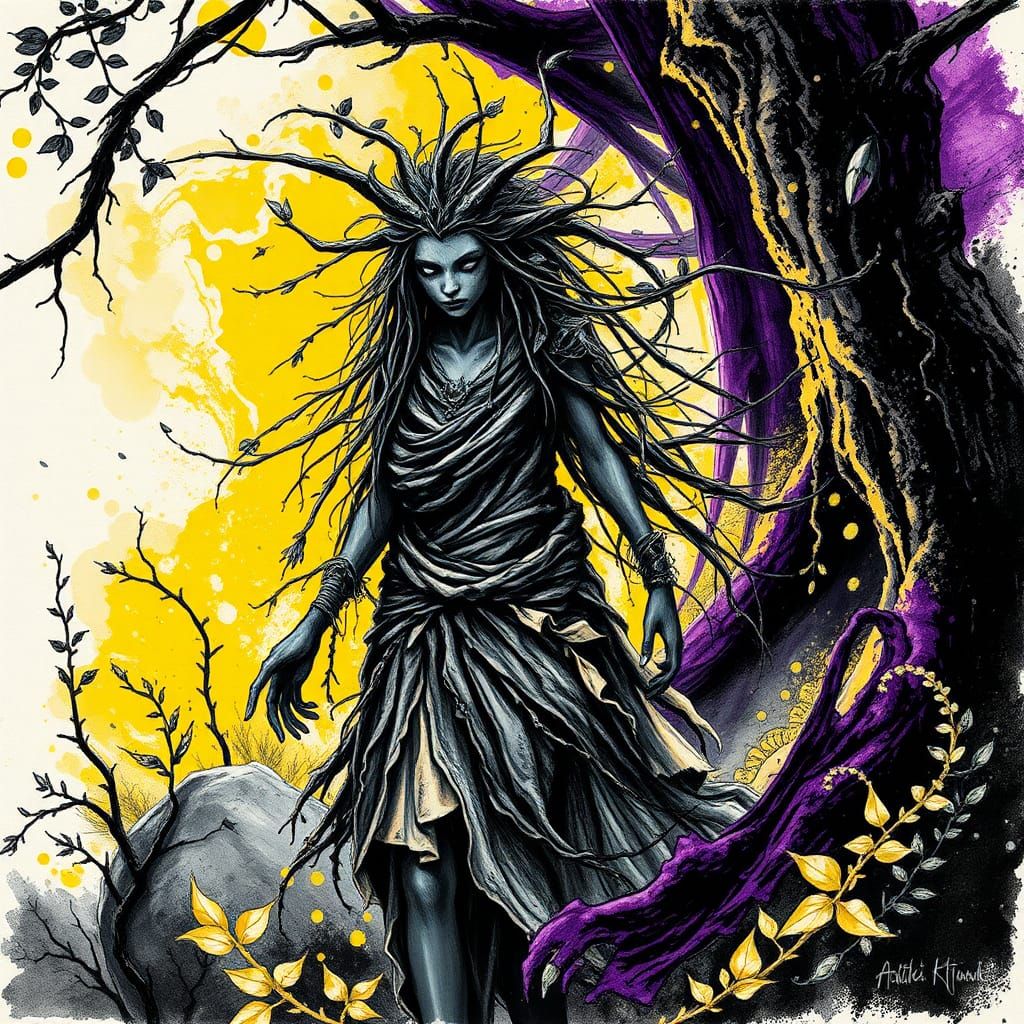 Woodland Spirit Ink Drawing in Black and White