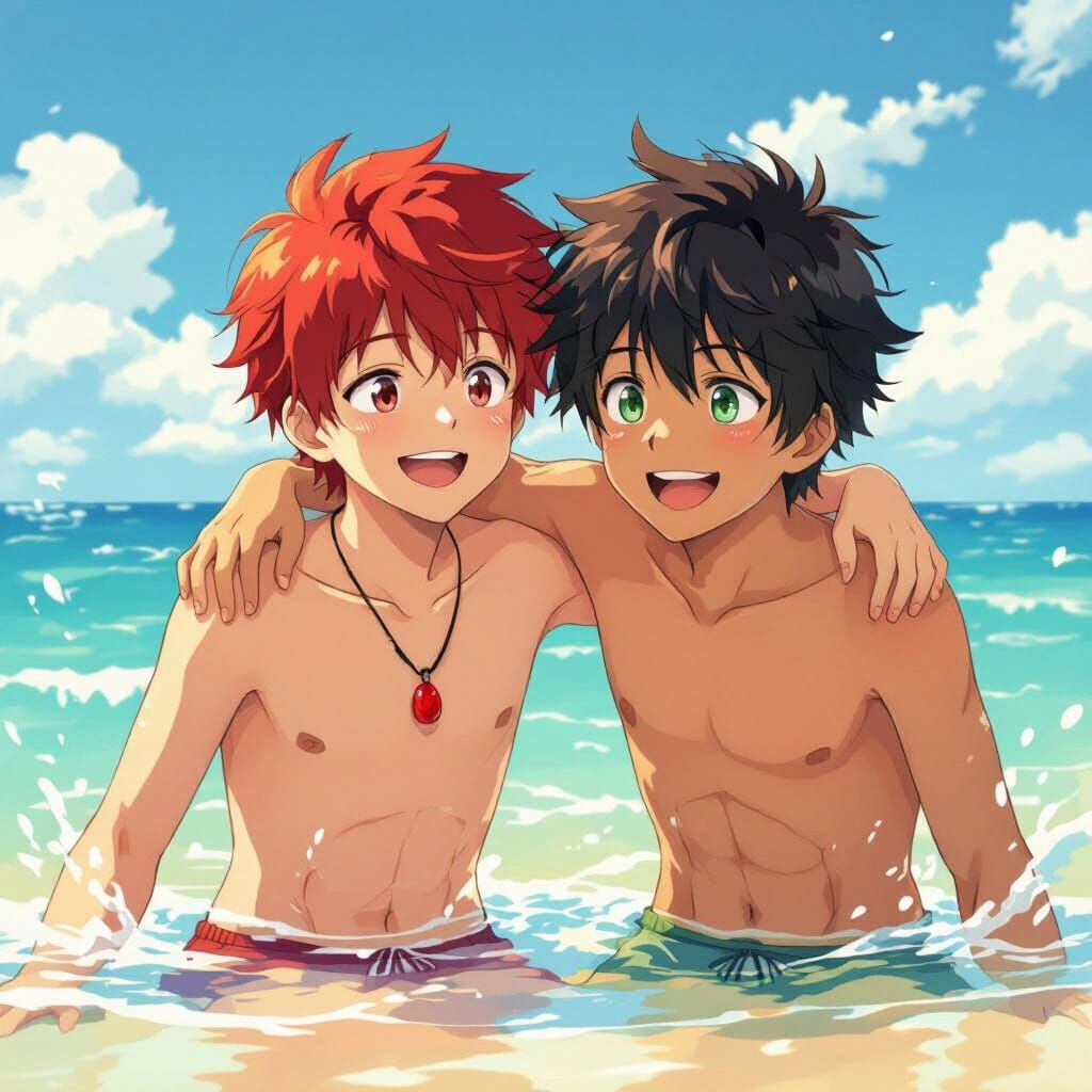 Anime Boys Hugging Joyfully on Sunny Beach
