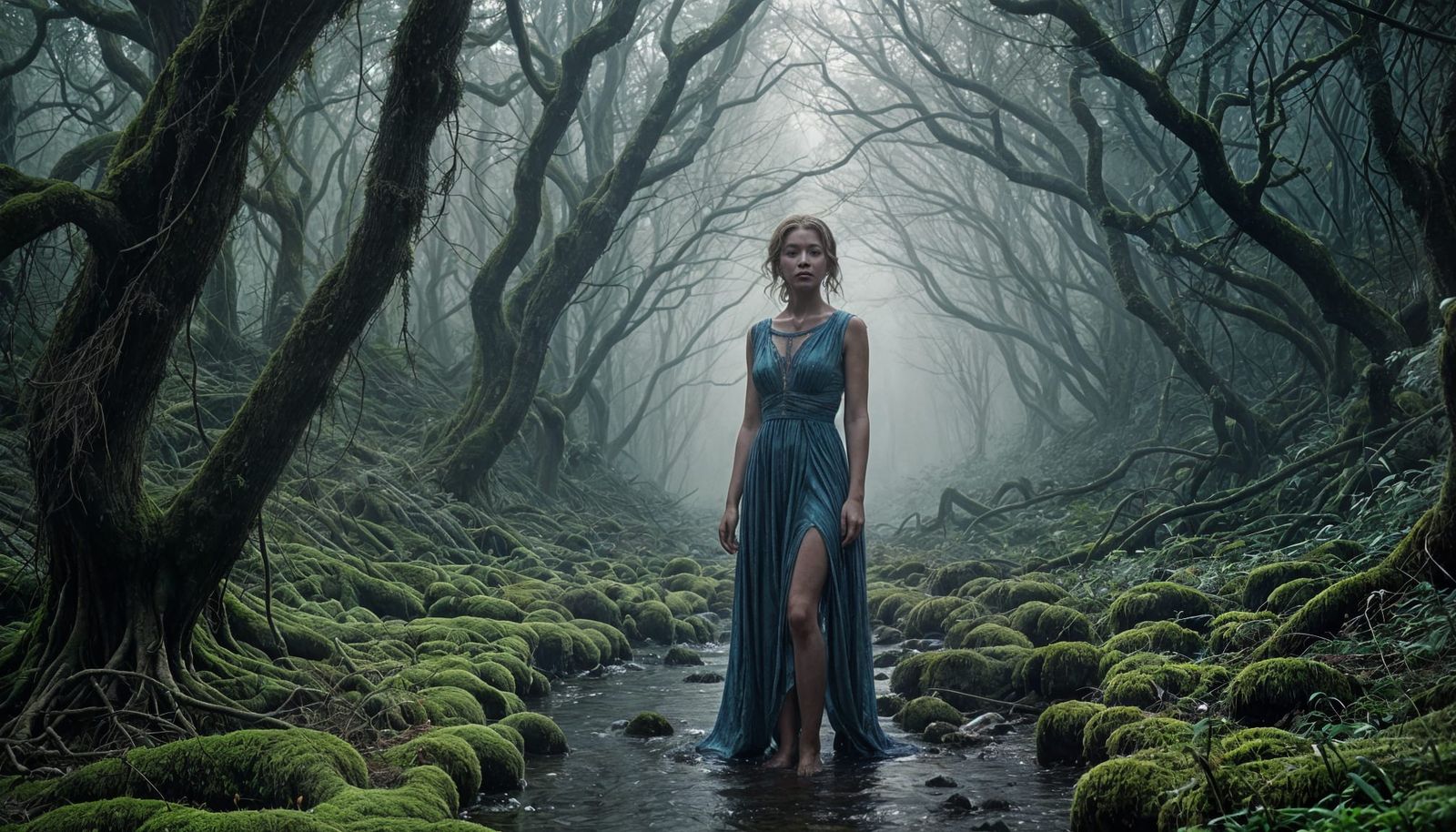 Woman in Bioluminescent Forest of Translucent Roots