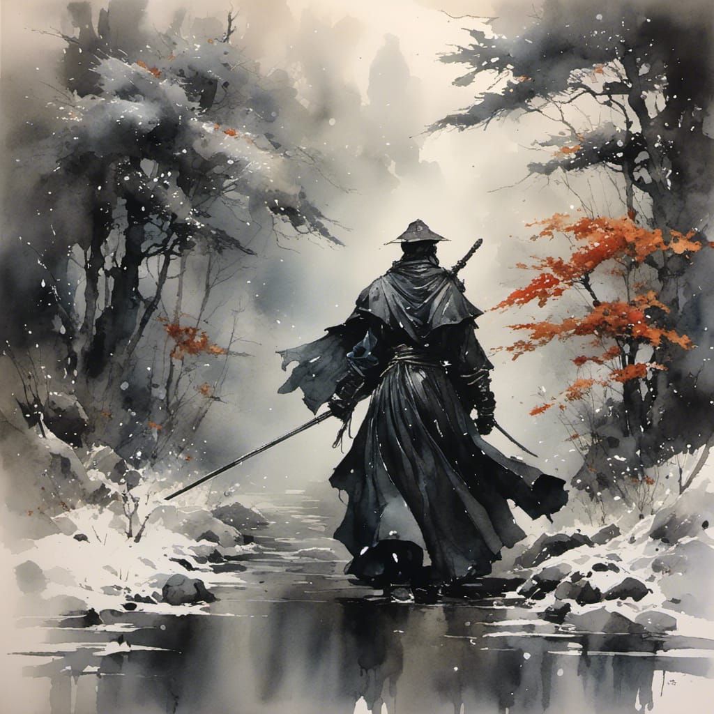 Asian Android in Glitchy Water-Ink Style