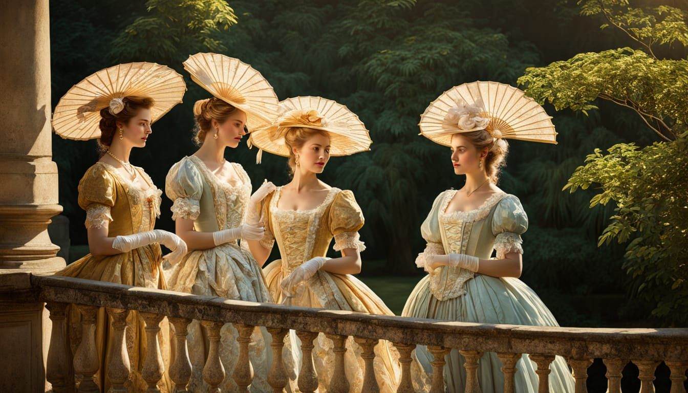 Elegant 18th-Century Garden Portrait in Soft Pastel Colors