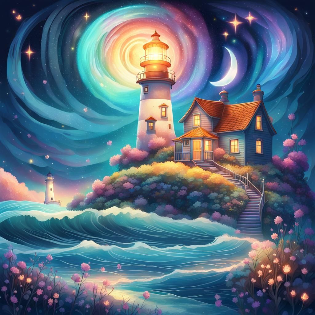 Cosmic Lighthouse and Cottage in Mixed Media Style