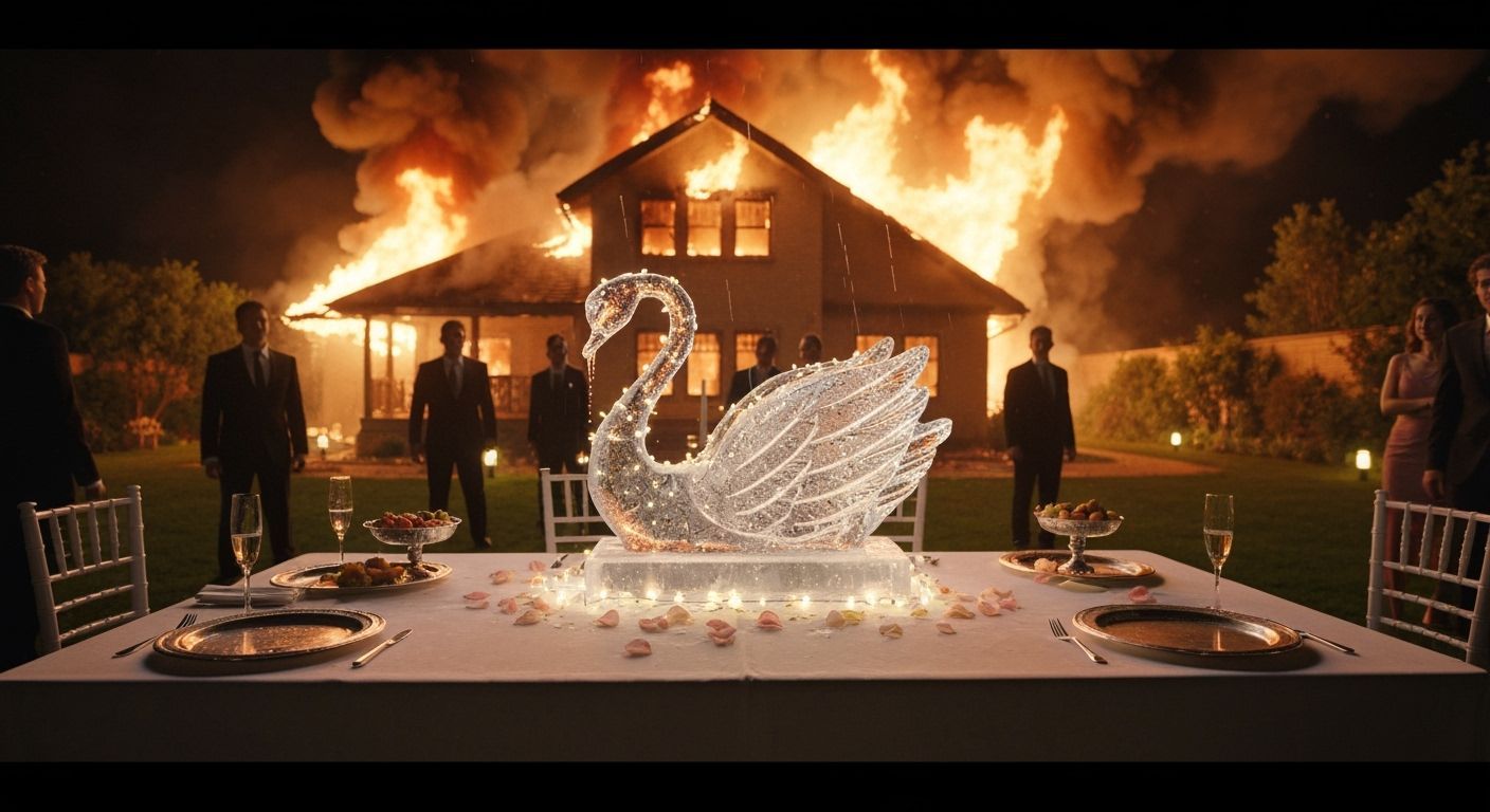 Elegant Ice Swan Sculpture Amidst Fiery Chaos