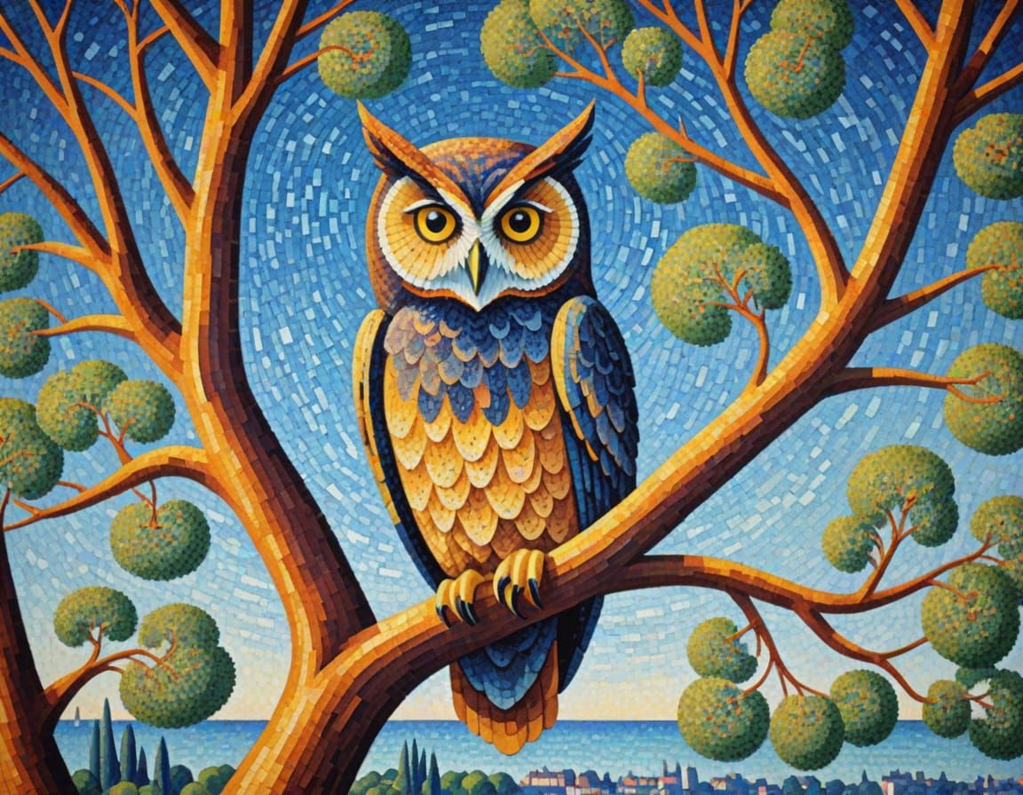 Owl Perched in a Pointillist Tree Scene