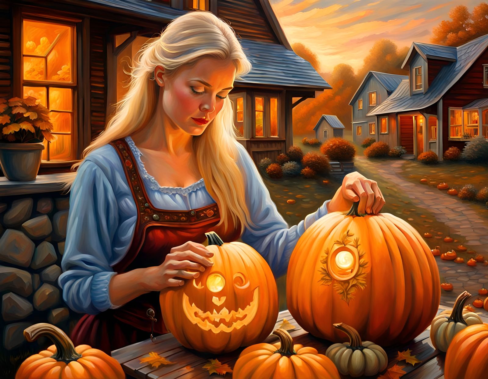Norwegian Woman Carves Pumpkin, Folk Art Oil Painting