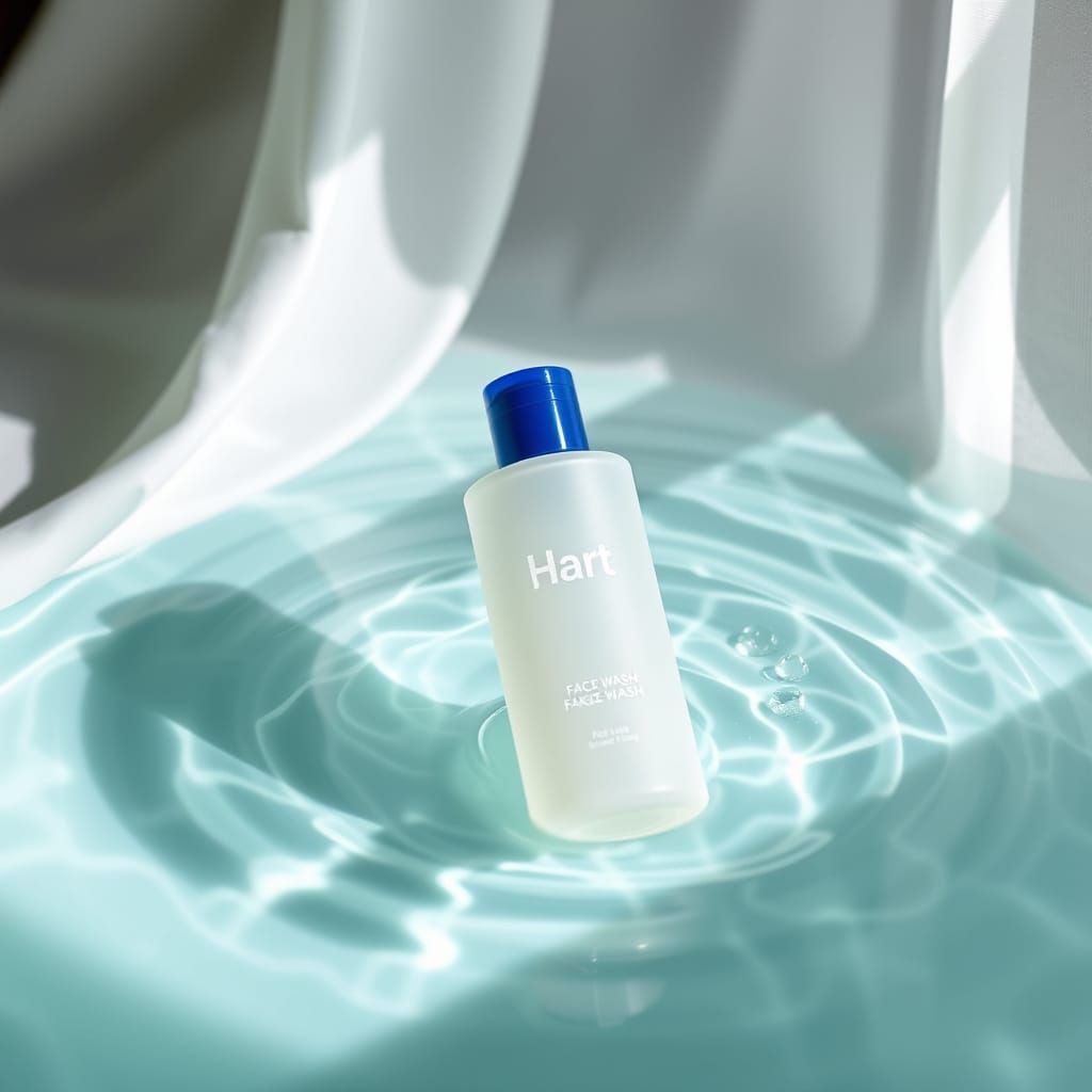 Minimalist Face Wash Bottle on Turquoise Water
