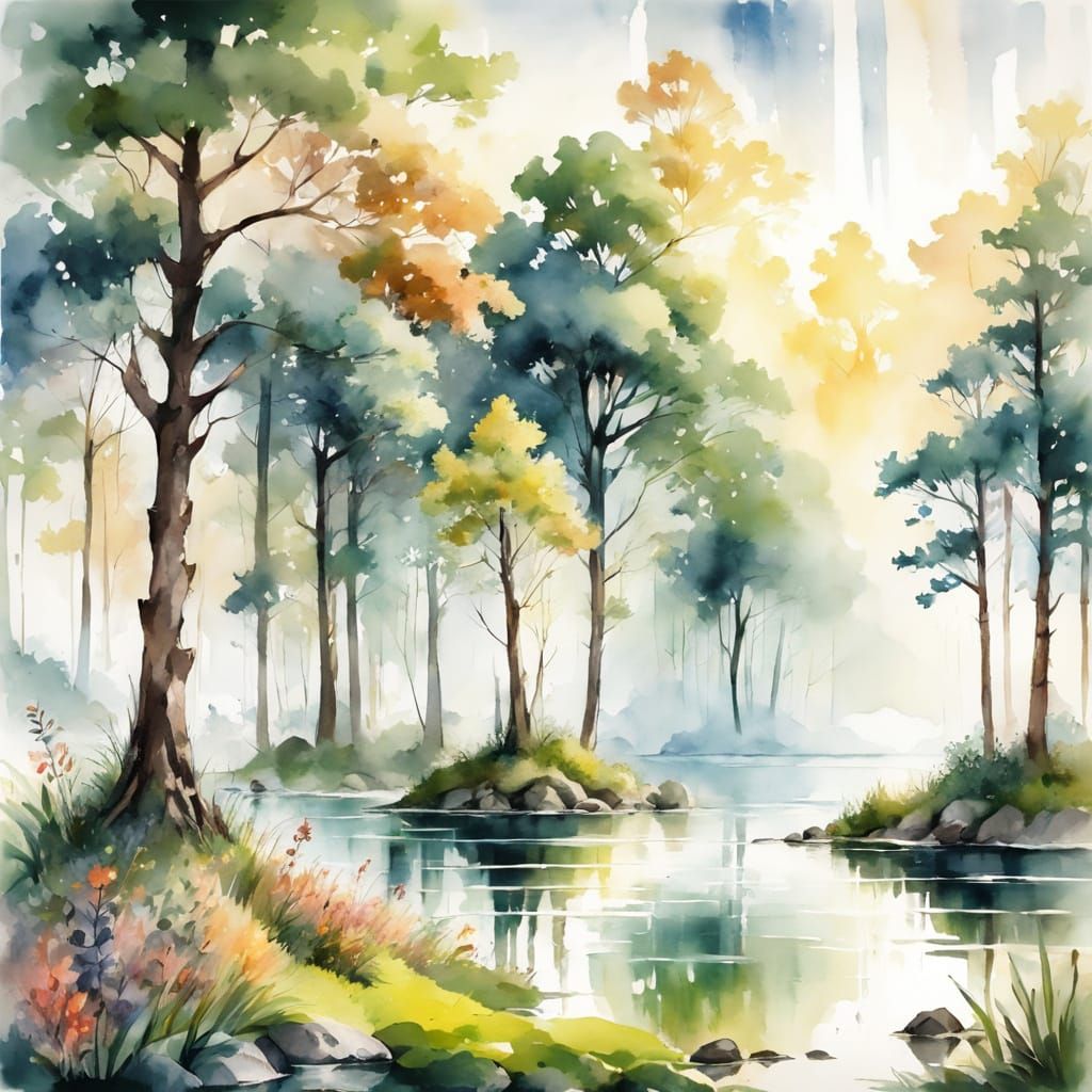 Ethereal Watercolor Dreamscapes: Serene Lake Scene