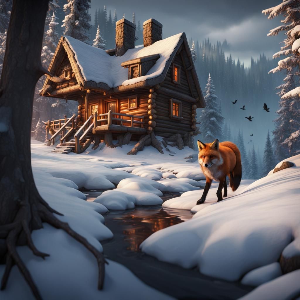 Red Fox in Winter Forest: Detailed Matte Painting
