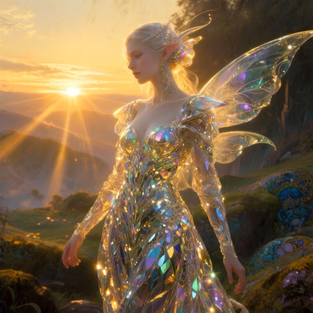 Ethereal Nymph in Glass Dress at Golden Hour
