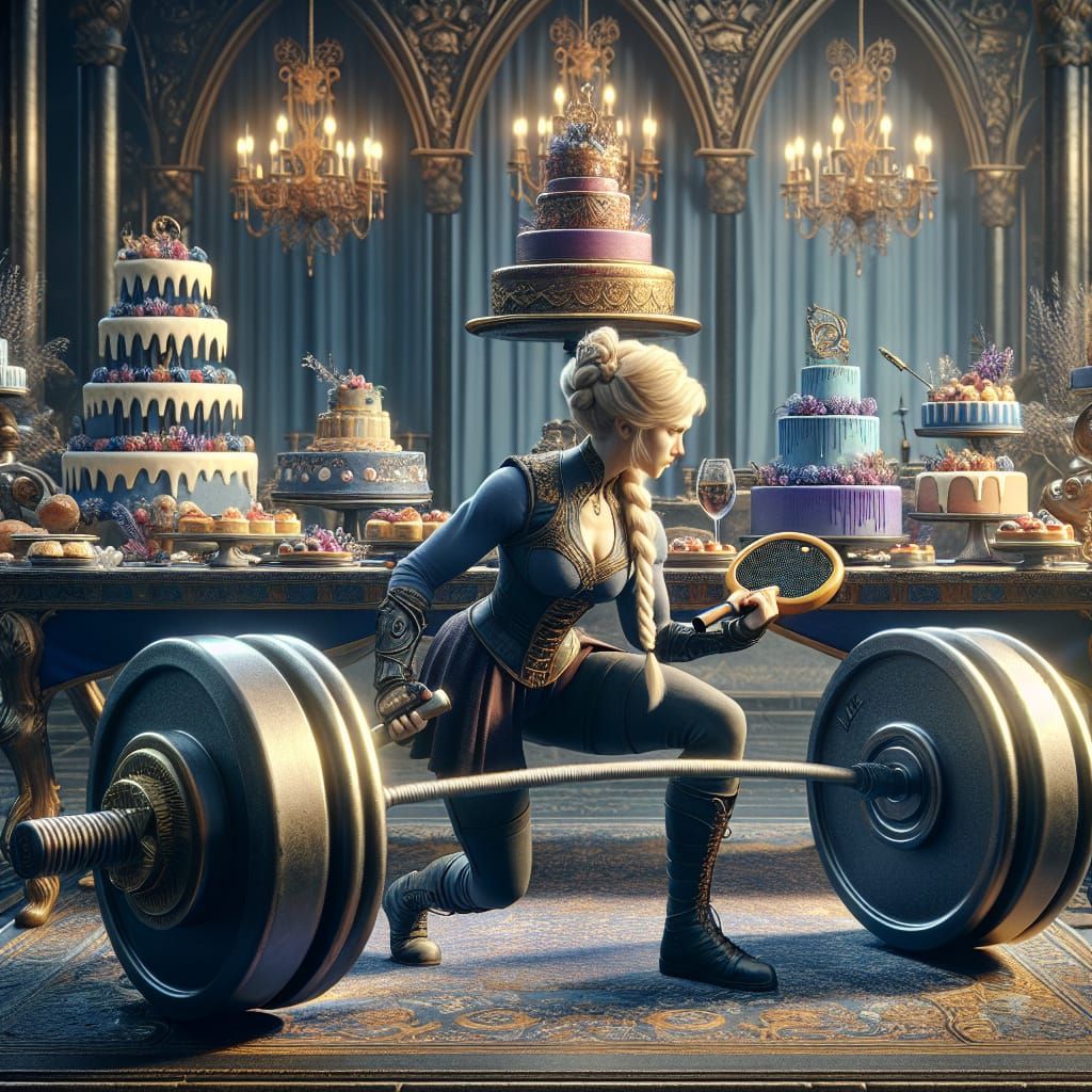 Fantasy Art: Woman Lifts Barbell with Racket