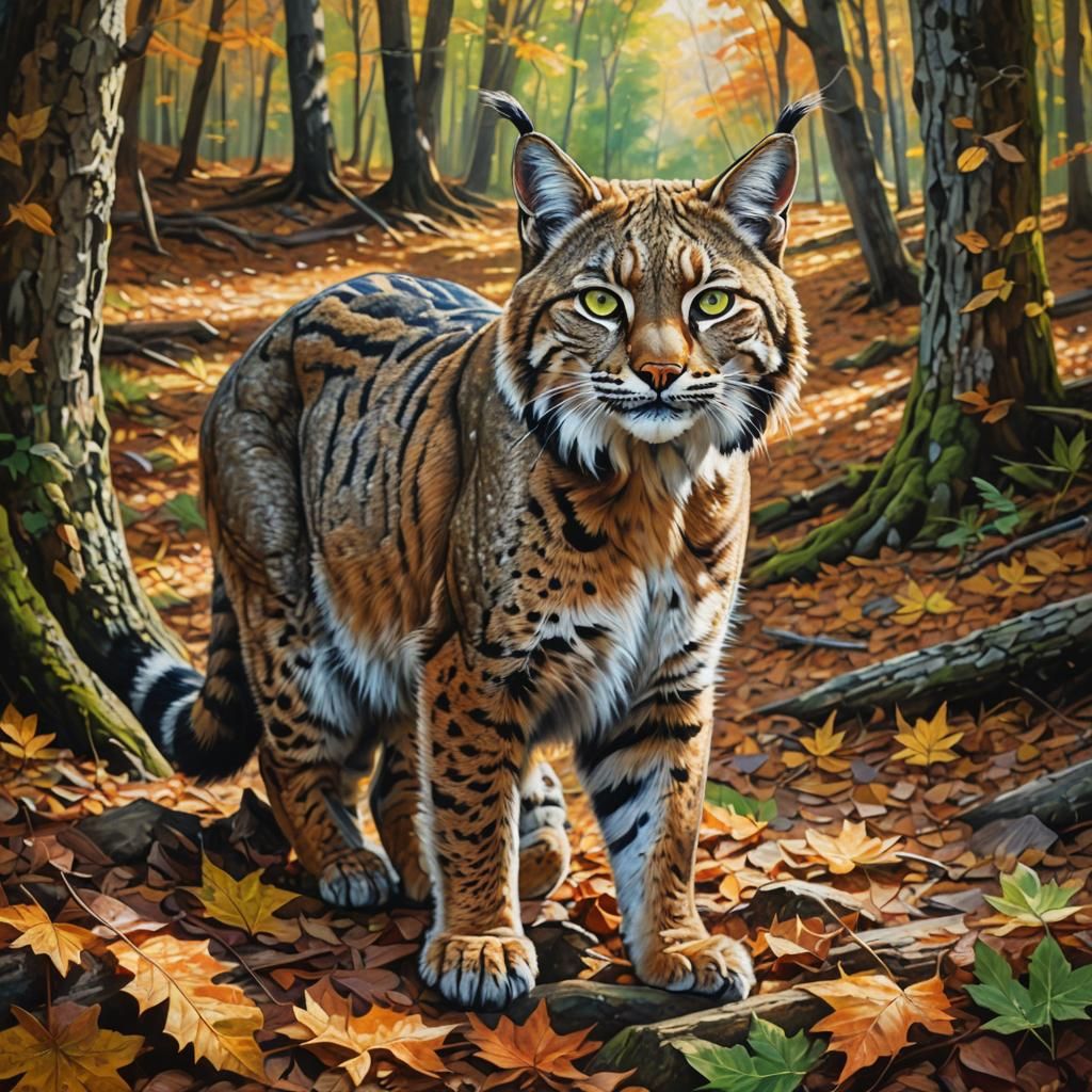 Bobcat in Autumn Forest as Oil Painting