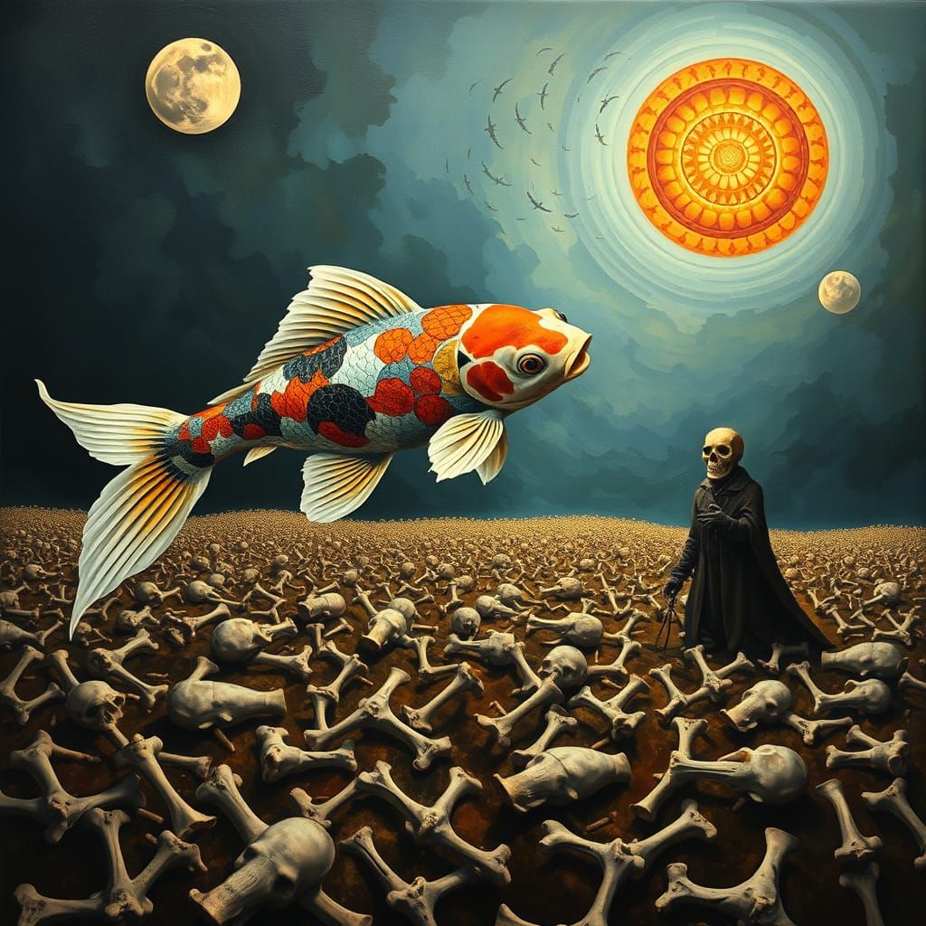 Mosaic Koi Fish Leaps Over Plague Doctor