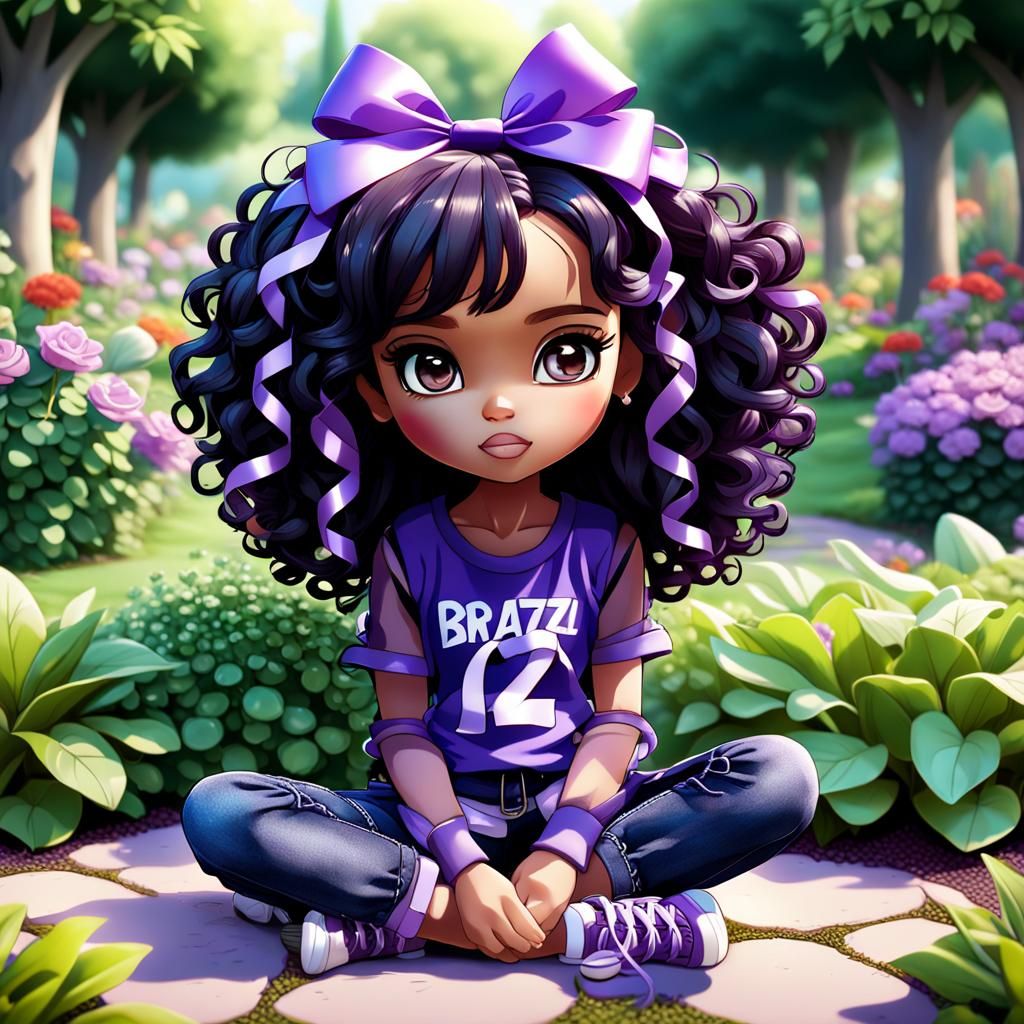 A hyper realistic chibi bratz woman with curly black hair wi...