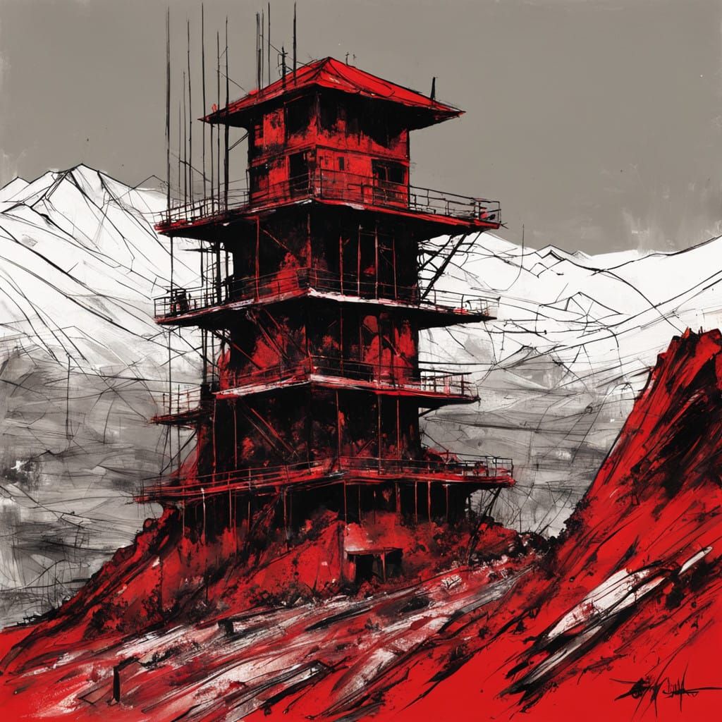 Dystopian Red Landmark on a Desolate Mountain