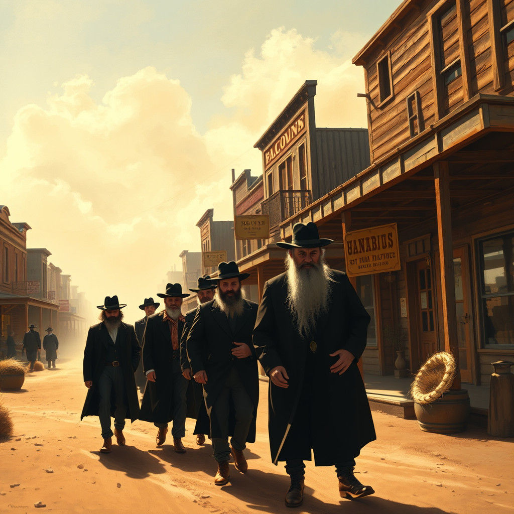 Hasidic Jews in Wild West Town, Nostalgic Painting