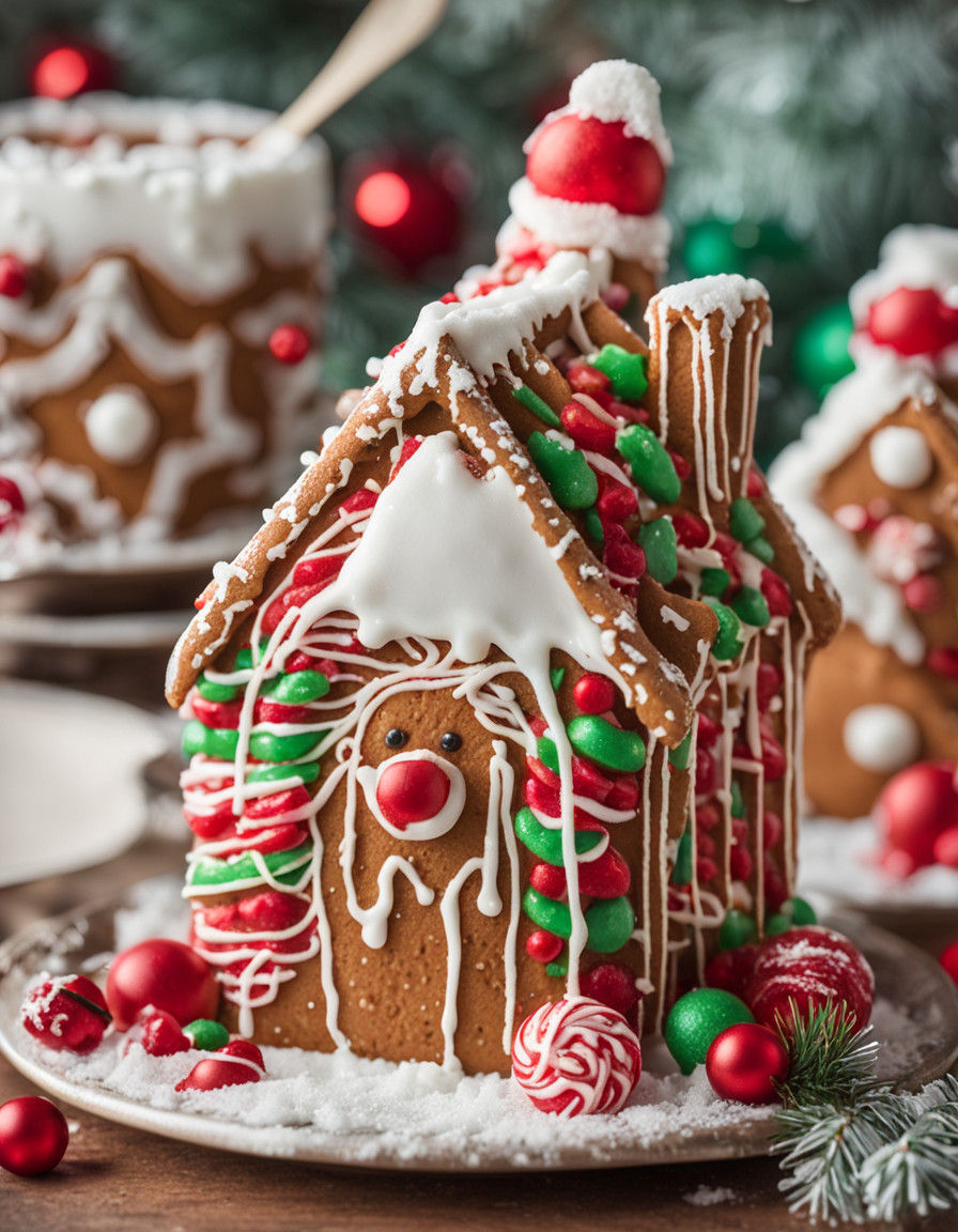 Gingerbread cat wearing an icing Santa Claus suit