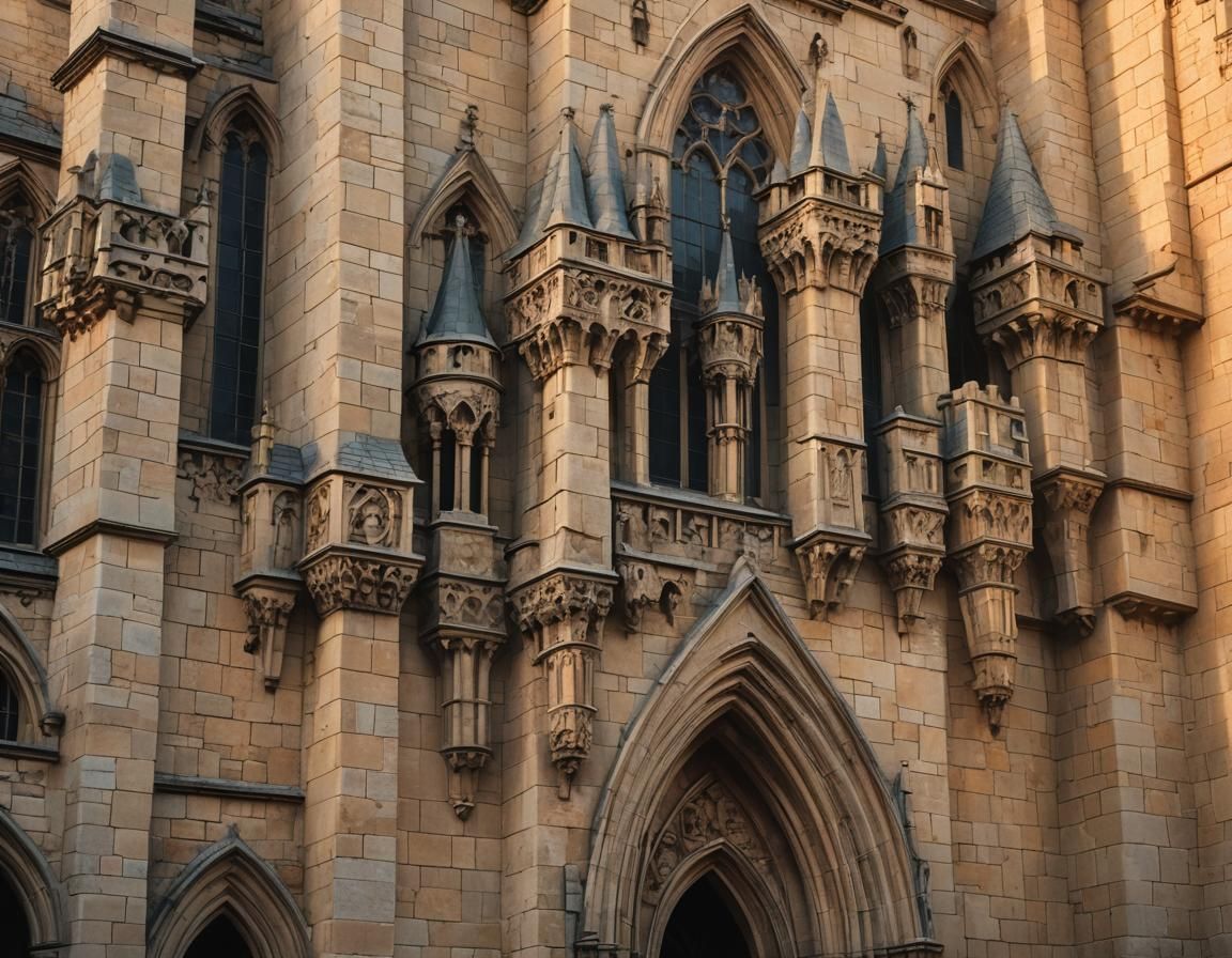 Gothic Castle Facade at Sunset with Gargoyles