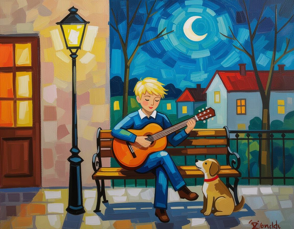 Expressionist Oil Painting of Boy Playing Guitar