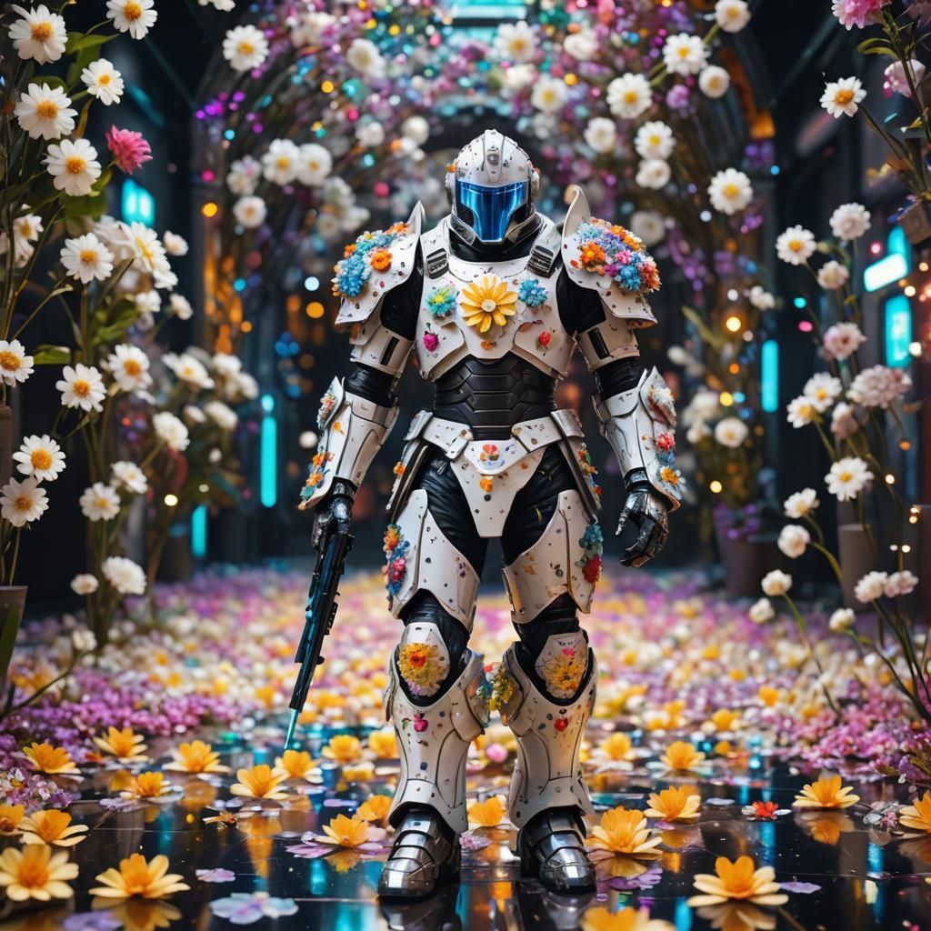 Cyberpunk Flower Knight on Metallic Floor