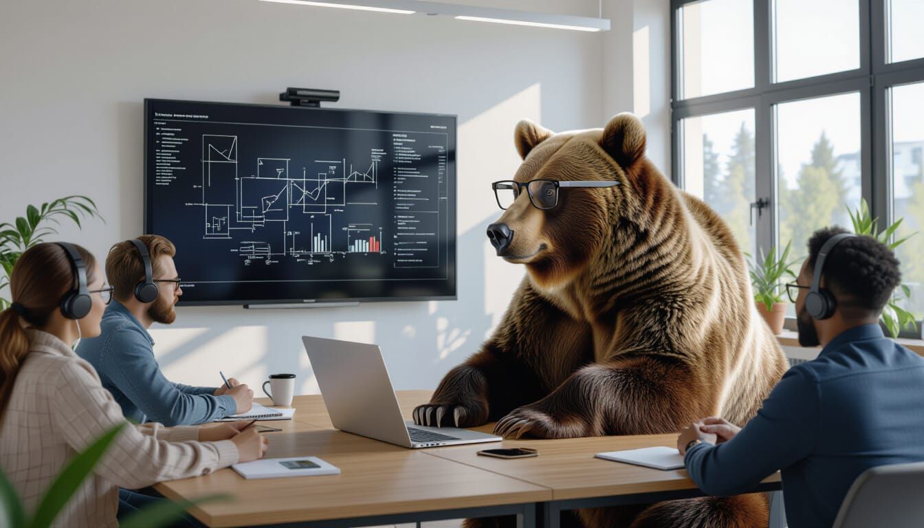 Bear in Modern Classroom Using Laptop, Splash Art Style